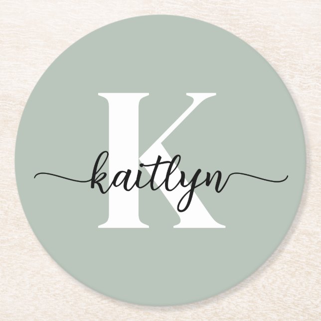 Sage Green Script Monogram Runder Pappuntersetzer (Vorderseite)