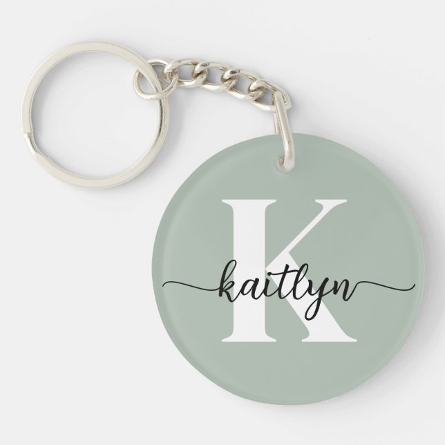 Sage Green Script Monogram Schlüsselanhänger (Vorderseite)