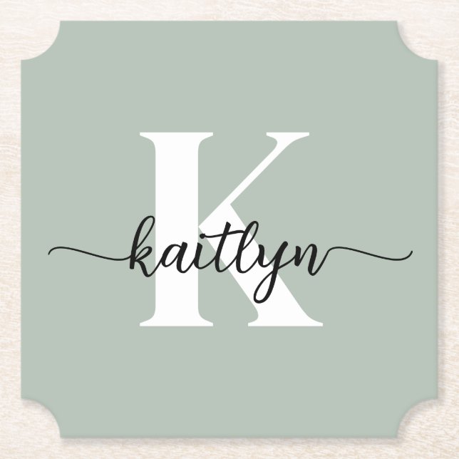 Sage Green Script Monogram Untersetzer (Vorderseite)