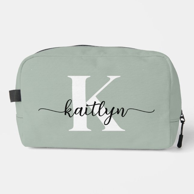 Sage Green Script Monogram Waschbeutel (Vorderseite)