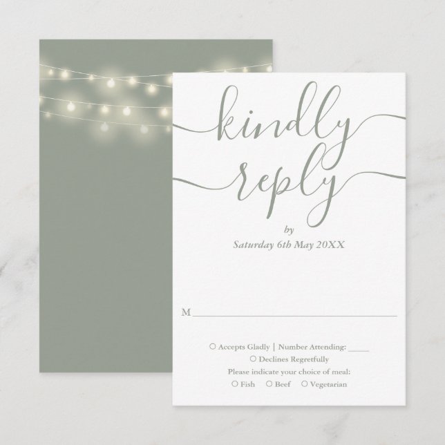 Sage Green Script String Lights Hochzeit RSVP Karte (Vorne/Hinten)
