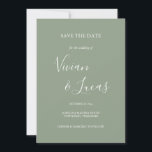 Sage Green Script Wedding Save the Date<br><div class="desc">Sage Green Script Wedding Save the Date Card mit Signature Stilnamen,  diese elegante Sage Green Save the Date Karte kann mit Ihren besonderen Hochzeitstag Informationen in schicken Schriften personalisiert werden.</div>