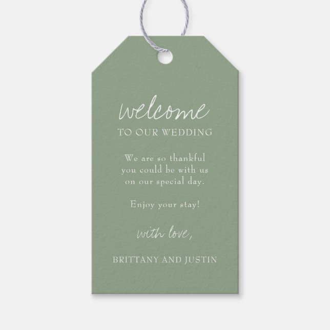Sage Green Script Wedding Weekend Willkommen Geschenkanhänger (Vorderseite)