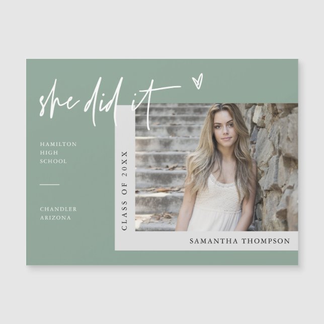 Sage Green Sie hat es Abschluss Foto Magnet (Vorderseite)