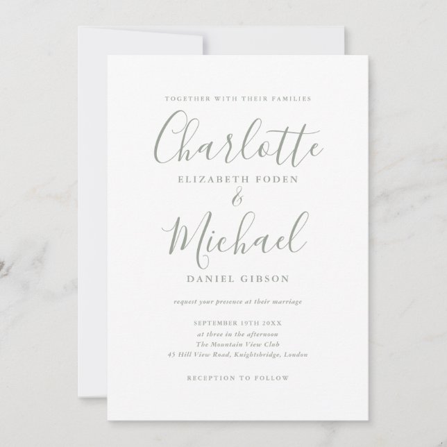 Sage Green Signature Script Einladung Hochzeit (Vorderseite)