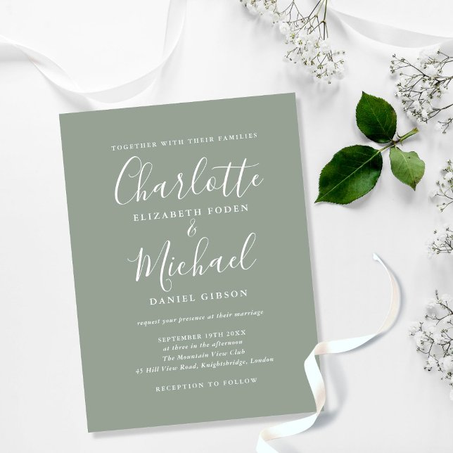 Sage Green Signature Script Hochzeit Einladungspostkarte (Von Creator hochgeladen)