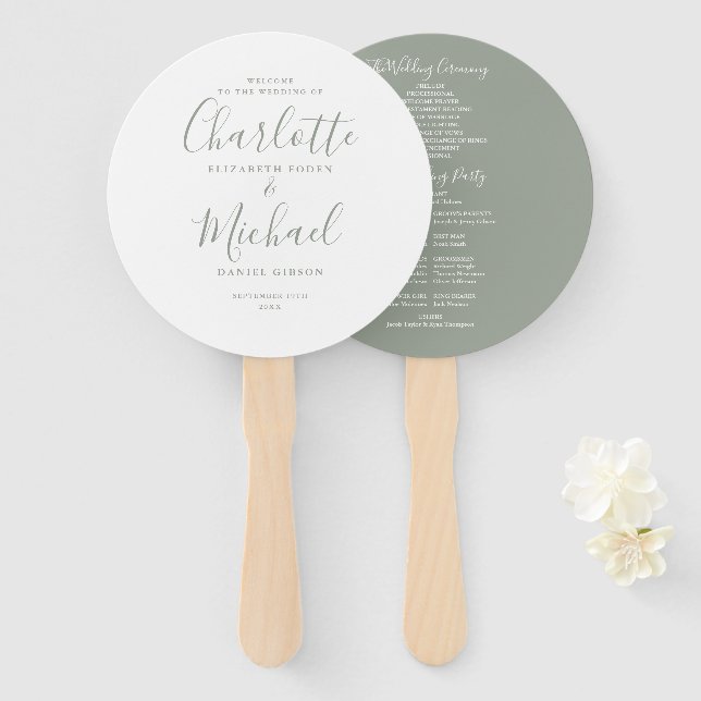 Sage Green Signature Script-Hochzeitsprogramm Fächer (Vorne und Hinten)