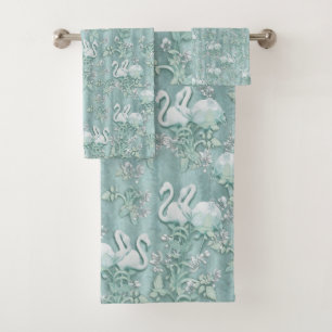 Sage Green Silk Drapes & Flamingos Blume Badhandtuch Set