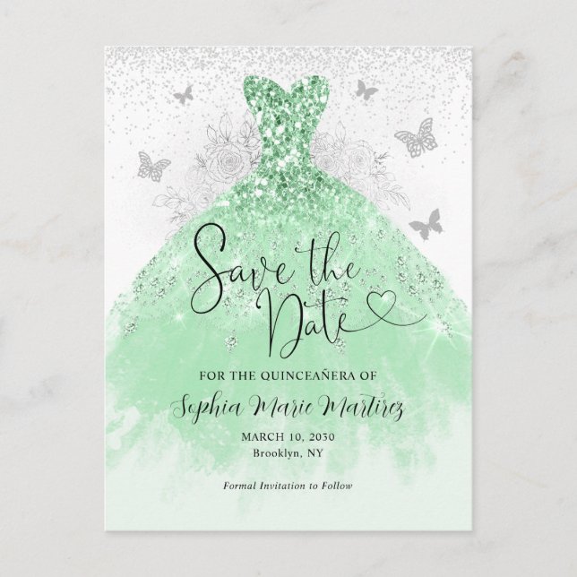 Sage Green Silver Dress Quinceañera Save the Date Postkarte (Vorderseite)