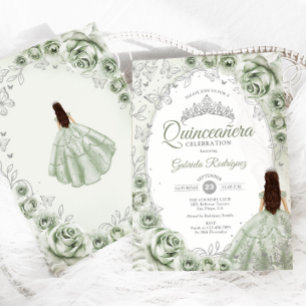 Sage Green Silver Floral Quinceanera Einladung