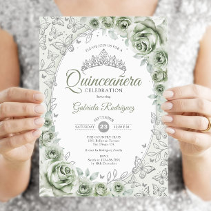 Sage Green Silver Floral Quinceanera Einladung