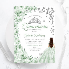 Sage Green Silver Floral Quinceanera Einladung