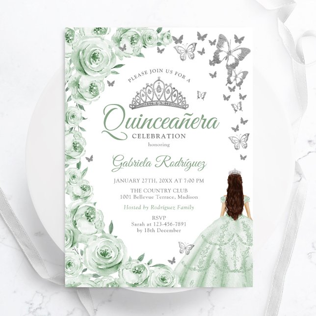 Sage Green Silver Floral Quinceanera Einladung (Von Creator hochgeladen)