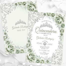 Sage Green Silver Floral Quinceanera Einladung