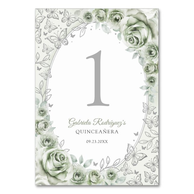 Sage Green Silver Floral Quinceanera Tischnummer (Vorderseite)