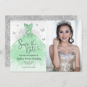 Sage Green Silver Glitzer Dress Quinceañera Foto Save The Date