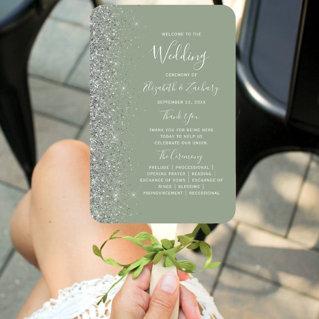 Sage Green Silver Glitzer Edge Hochzeitsprogramm Fächer (Von Creator hochgeladen)