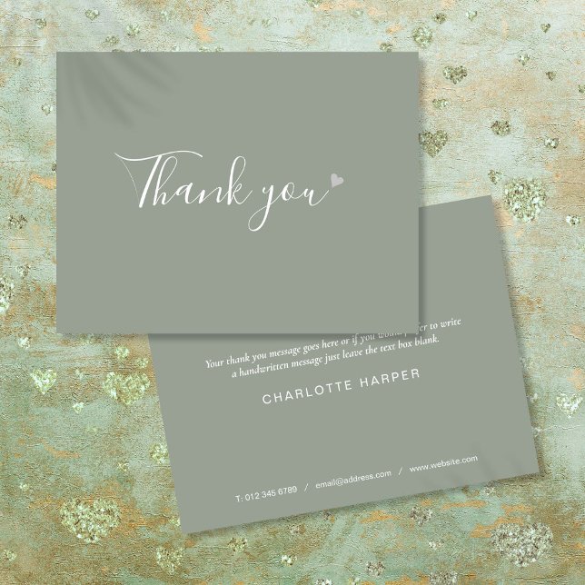 Sage Green Silver Heart Chic Skriptgeschäft Dankeskarte (Sage Green Silver Heart Chic Script Business Thank You Card)