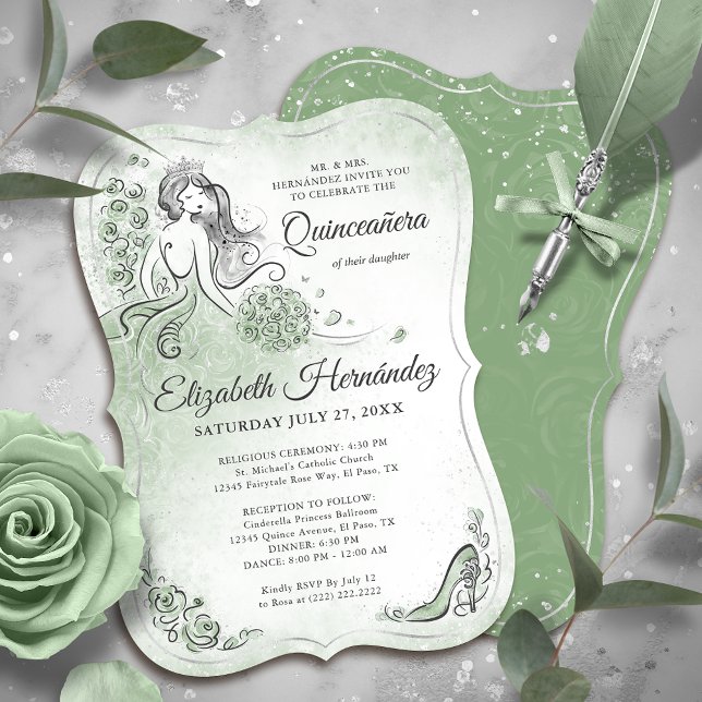 Sage Green Silver Princess Quinceanera Birthday Einladung (Unique, downloadable silver and sage green quinceanera invitations on an editable DIY template.)
