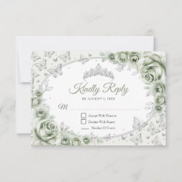 Sage Green Silver Quinceanera Reply RSVP Karte