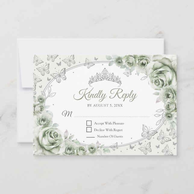 Sage Green Silver Quinceanera Reply RSVP Karte (Vorderseite)
