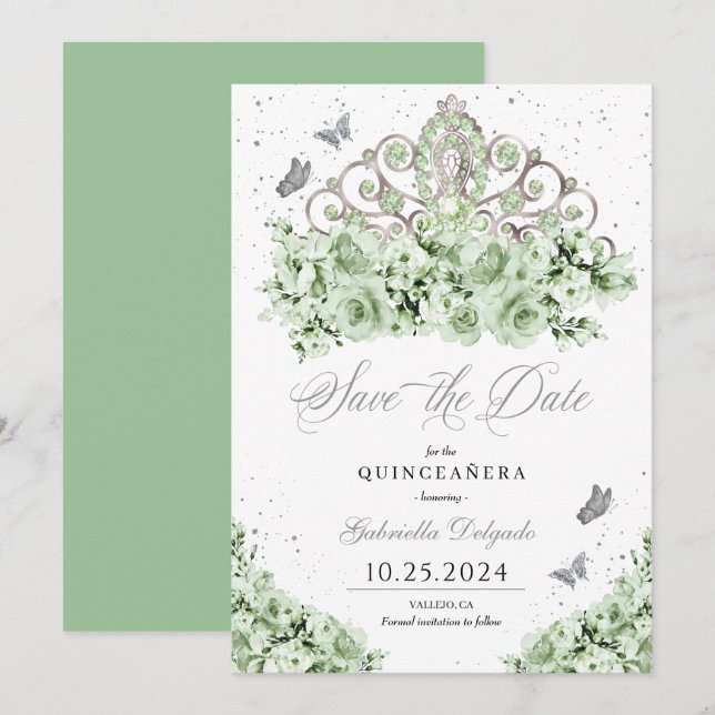 Sage Green Silver Tiara Save the Date Quinceañera Einladung (Vorne/Hinten)