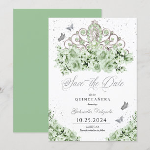 Sage Green Silver Tiara Save the Date Quinceañera Einladung