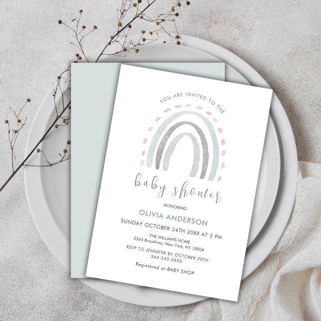 Sage Green Simple Boho Rainbow Girl Baby Dusche Einladung (Sage Green Simple Boho Rainbow Girl Baby Shower Invitation)