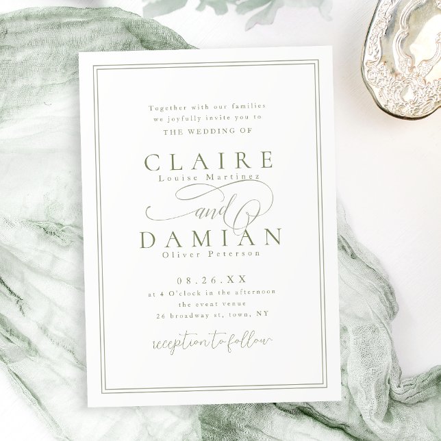 Sage Green Simple Elegance Romantische Script Hoch Einladung (Sage Green Simple Elegance Romantic Script Wedding Invitation)
