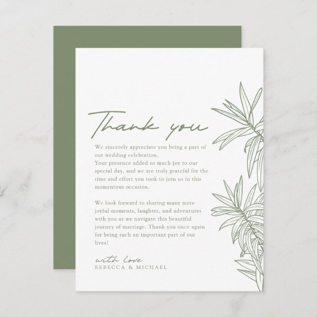 Sage Green Simple Hand Drawn Botanical Wedding Dankeskarte (Vorne/Hinten)