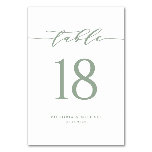 Sage Green Simple Minimalistisch Script Wedding Tischnummer (Vorderseite)