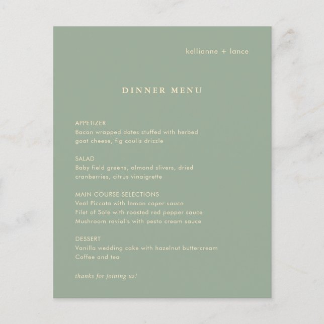 Sage Green Simple Modern Budget Wedding Menu Flyer (Vorne)