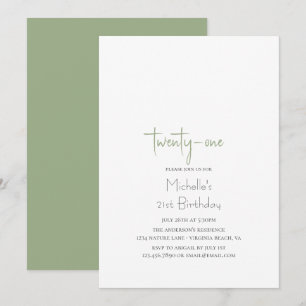 Sage Green Simple Modern Minimalistisch 21. Geburt Einladung