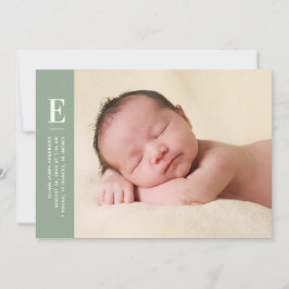 Sage Green Simple Monogram New Baby Foto Birth Ankündigung