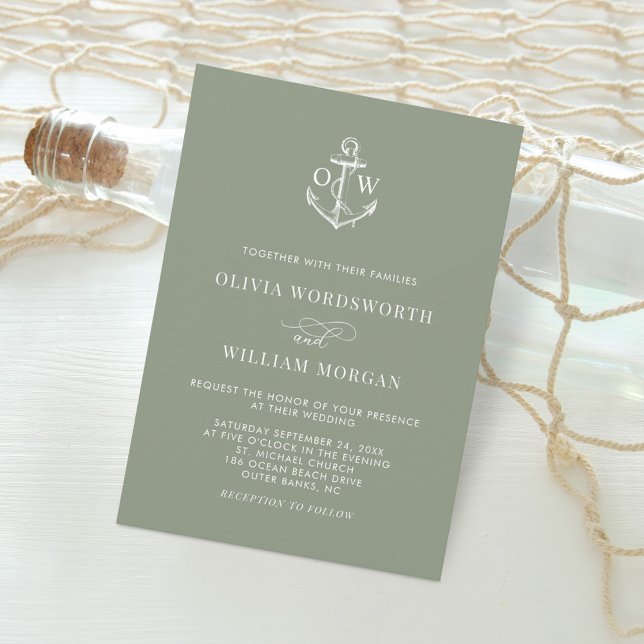 Sage Green Simple Nautical Anchor Monogram Wedding Einladung (Von Creator hochgeladen)
