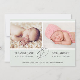 Sage Green Simple Twins Foto Birth Ankündigung