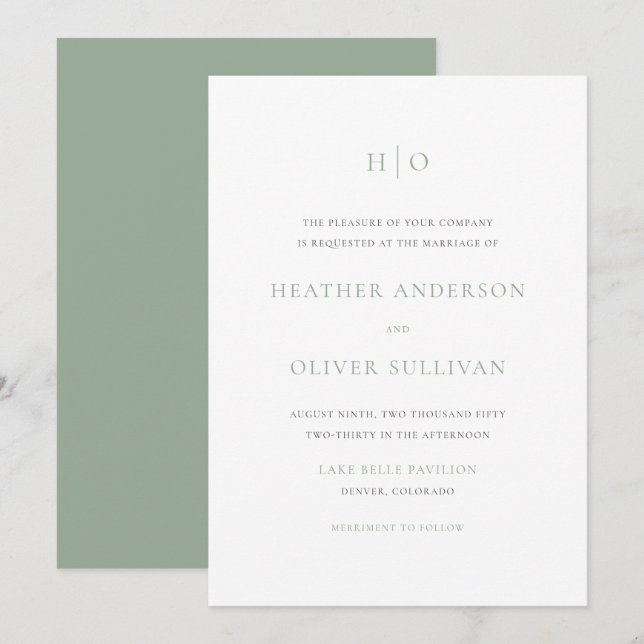 Sage Green Simple Typografy Monogram Wedding Einladung (Vorne/Hinten)