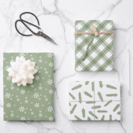 Sage Green Snowflakes Pine Karierte Urlaubsmuster Geschenkpapier Set