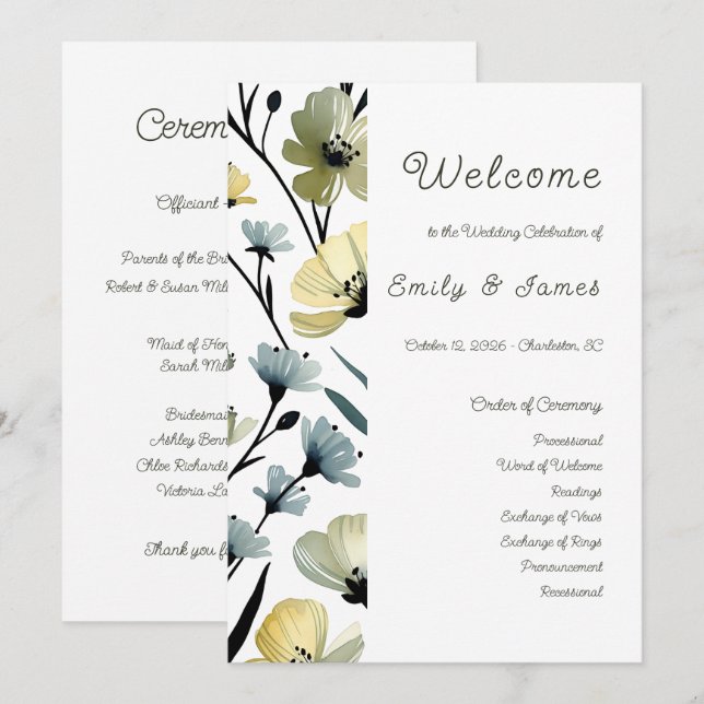 Sage Green & Soft Yellow Botanical Weddin Programm (Vorne/Hinten)