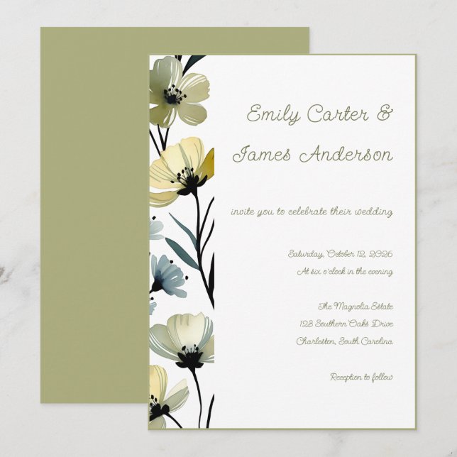 Sage Green & Soft Yellow Botanical Wedding Einladung (Vorne/Hinten)