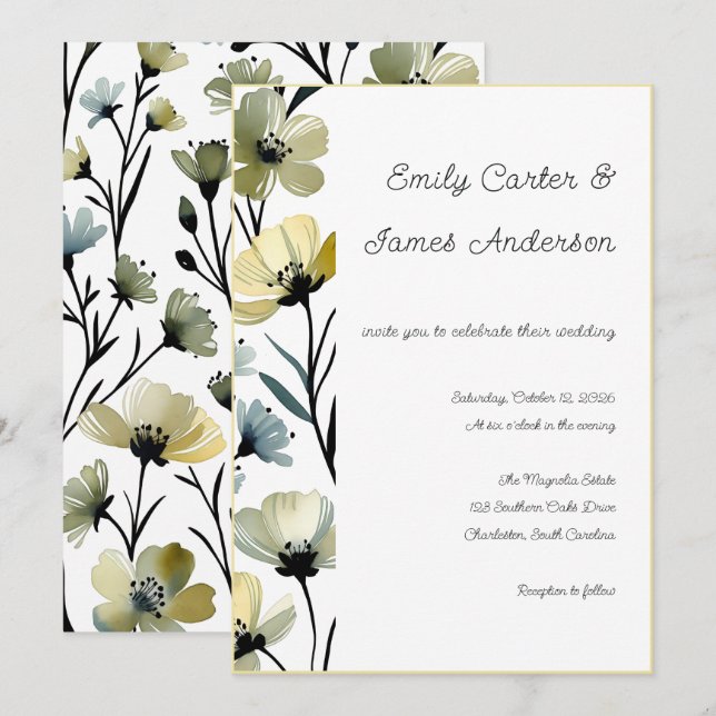 Sage Green & Soft Yellow Botanical Wedding Einladung (Vorne/Hinten)