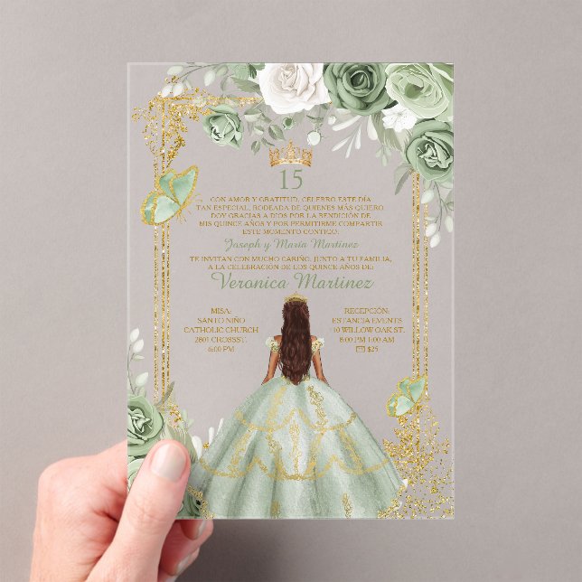 Sage Green Spanish Gold 15 Años Princess Birthday Acryleinladungen (Insitu (Handheld))