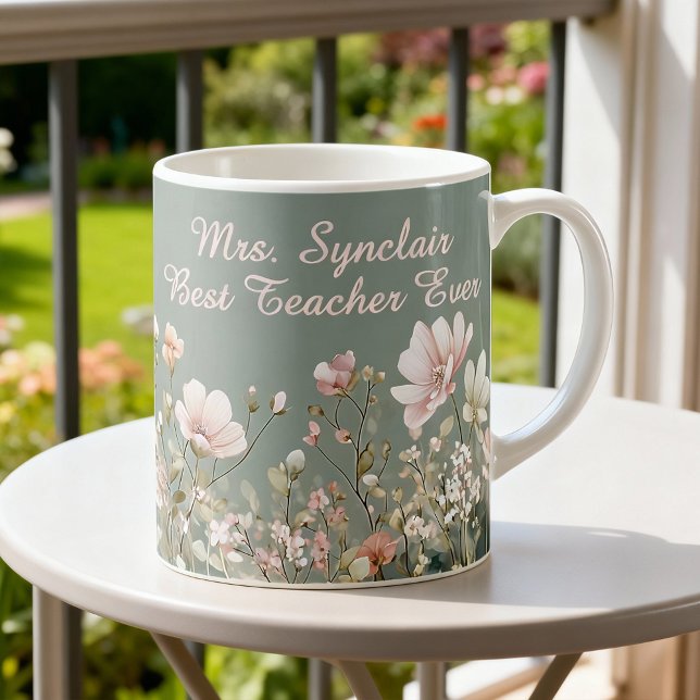 Sage Green Spring Floral Teacher Elegant Script Kaffeetasse (Von Creator hochgeladen)