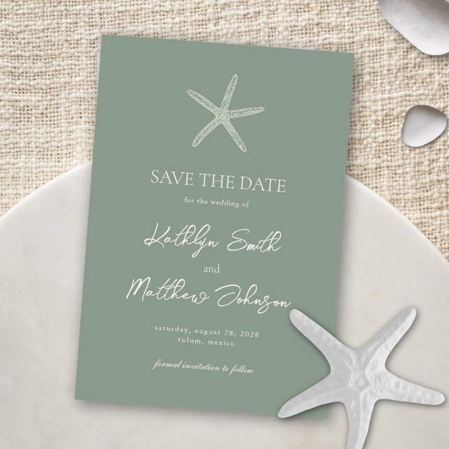 Sage Green Starfish Beach Hochzeit in Urlaubsort Save The Date (Von Creator hochgeladen)