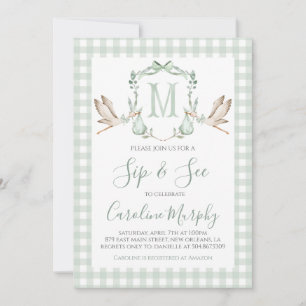 Sage Green Storch Sip & See Preppy Gingham Einladung