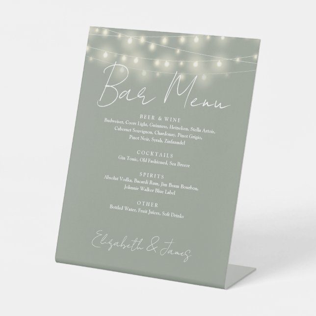 Sage Green String Lights Elegantes Skript-Bar Menü Sockelschild (Vorderseite)