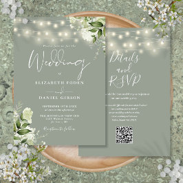 Sage Green String Lights Floral QR Code Hochzeit Einladung
