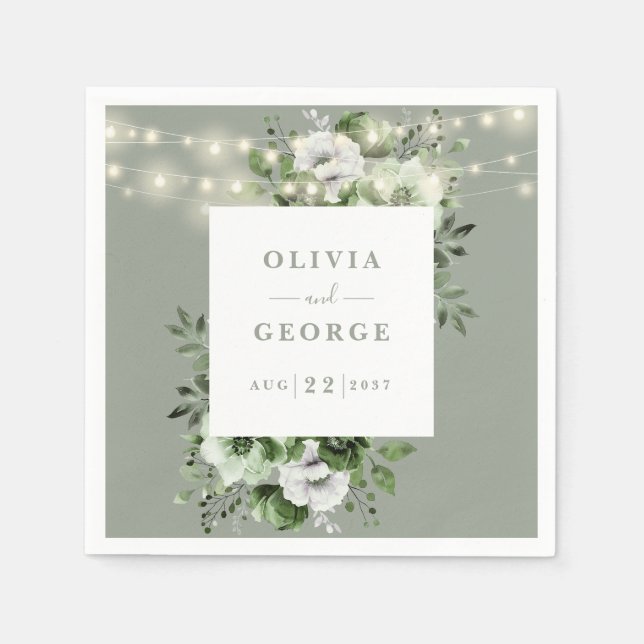 Sage Green String Lights Floral Wedding Napkin Serviette (Vorderseite)