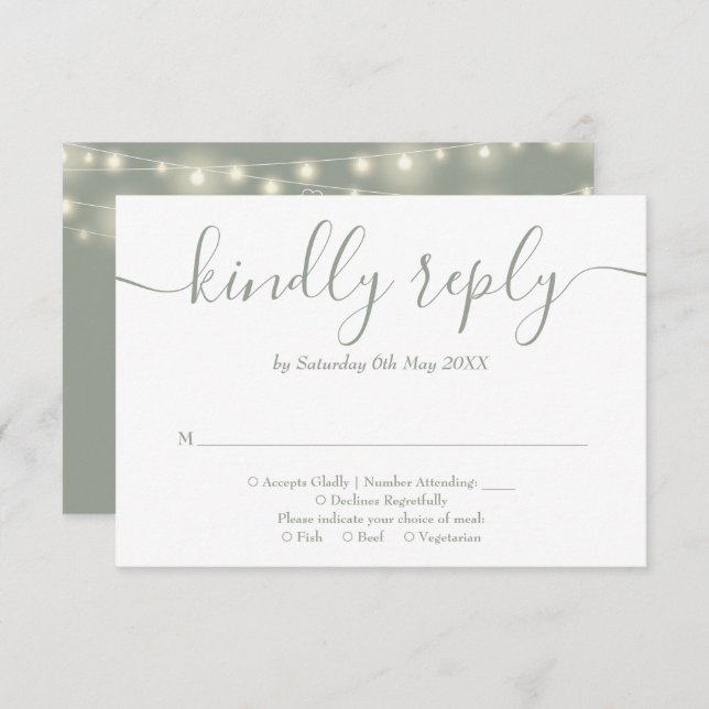 Sage Green String Lights Floral Wedding RSVP Karte (Vorne/Hinten)