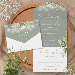 Sage Green String Lights Greenerity Monogram Weddi All In One Einladung